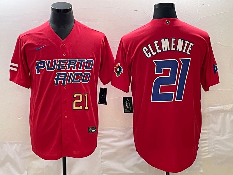 Men 2023 World Cub Puerto Rico 21 Clemente Red Nike MLB Jersey4